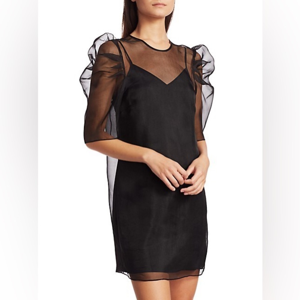 Cinq a Sept | Erin Organza Puff Sleeve Silk Little Black Dress Size 2